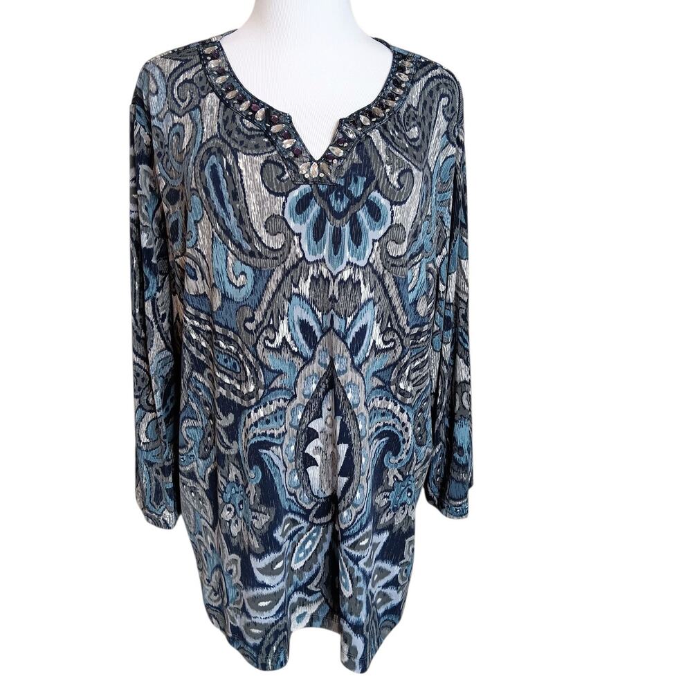 ALFRED DUNNER Beaded Stretchy Tunic Top Blouse‎ XL Career Dressy Travel Trip